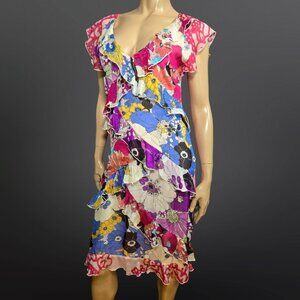 Y2K Ruffled Floral Dress size M Silk Blend Fairy Groovy Colorful Mod Print